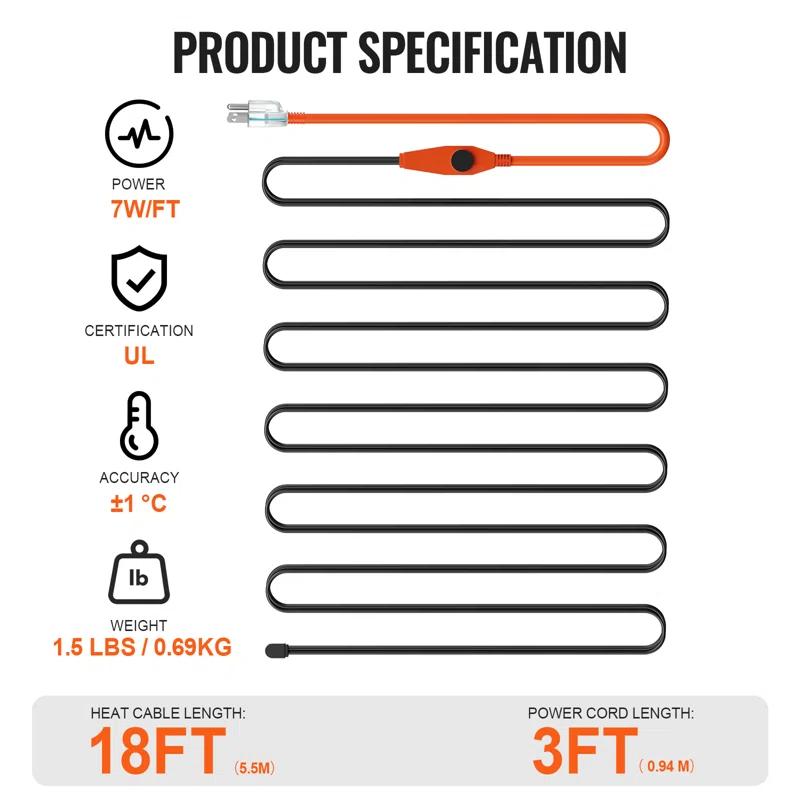 VEVOR Pipe Heating Cable 80FT 7W/FT Heat Tape for Pipes with Built-in Thermostat