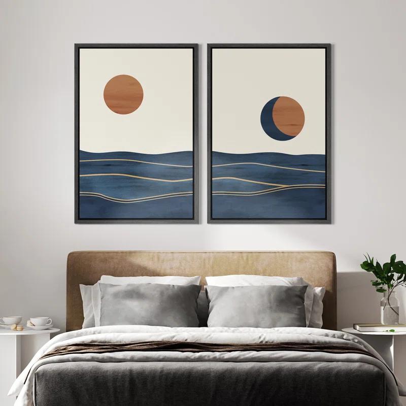 Sun And Moon " Abstract Sun Over Blue Watercolor Ocean Waves Modern Minimalist Landscape " 2 - Pieces