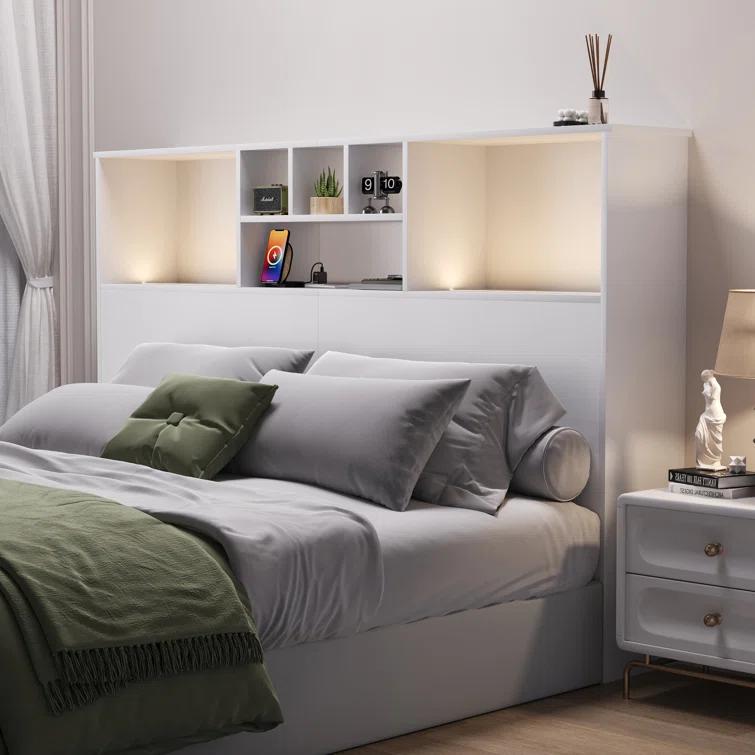 Ivy Bronx Modern Wooden Bookcase Headboard with Adjustable LED Lights & Charging Station – Queen & King Sizes, Scroll Down for Assembly Video