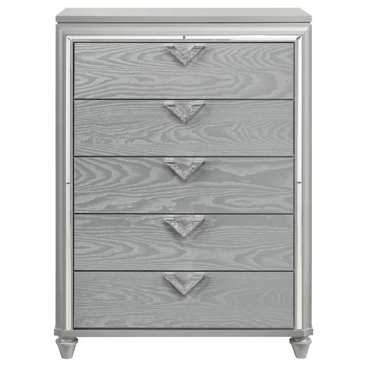 Benjara Haley Tall Dresser Chest, V Shaped Glittering Metal Handles, Light Silver