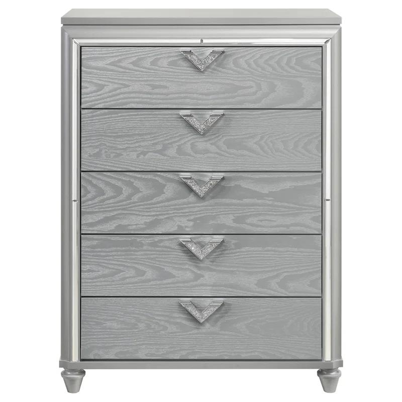 Benjara Haley Tall Dresser Chest, V Shaped Glittering Metal Handles, Light Silver