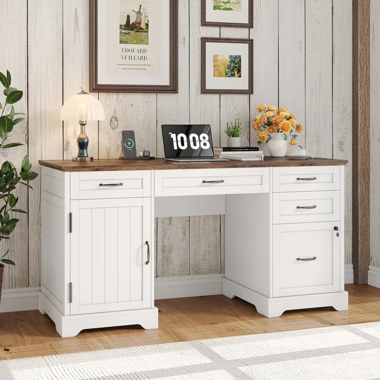 August Grove® 55'' Farmhouse Executive Desk with Drawers, File Cabinet and Power Outlets