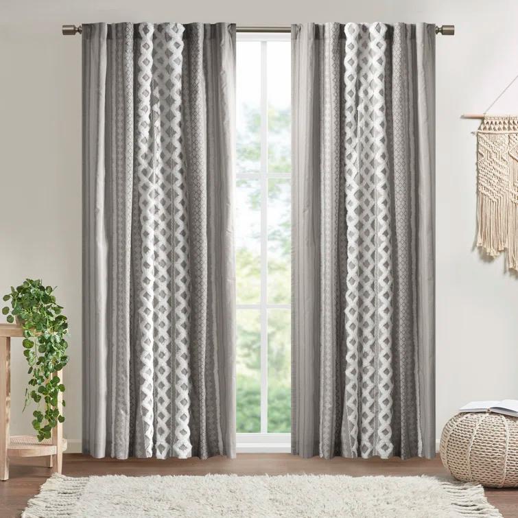 INK+IVY Imani Cotton Printed Boho Single Curtain Panel with Chenille Stripe and Lining