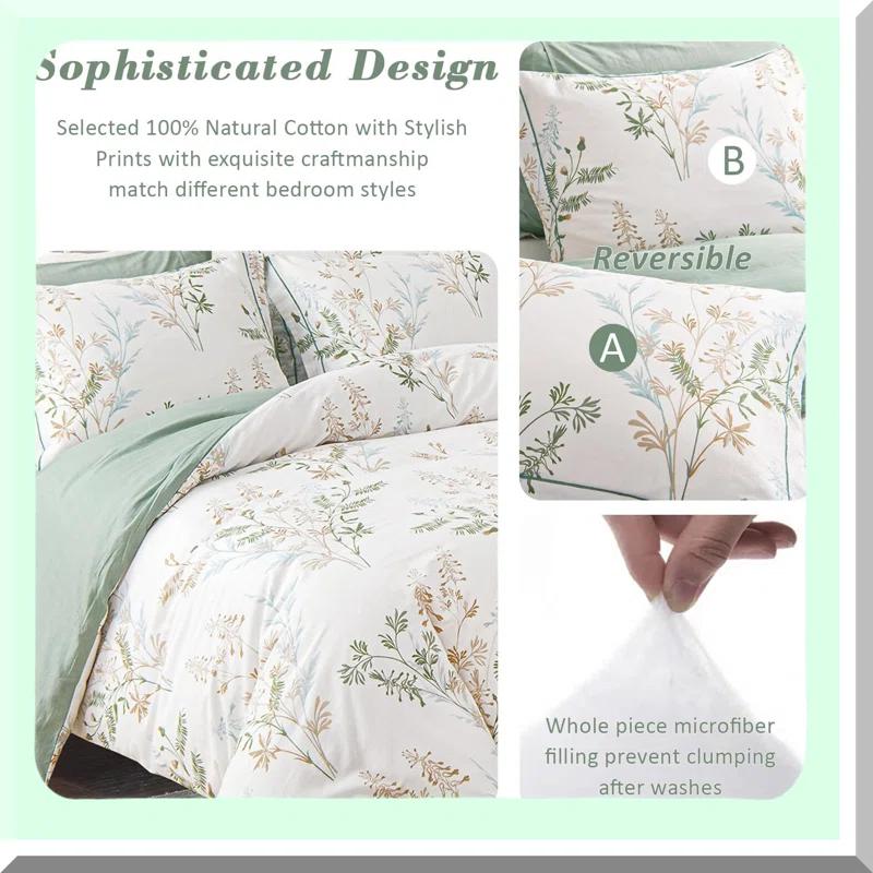 Red Barrel Studio® Botanical Bliss Cotton Comforter Set - Green & Tan Gray Leaves, Reversible Floral Bedding, Lightweight 3pcs Bed Set, Natural Comfort, Queen Size
