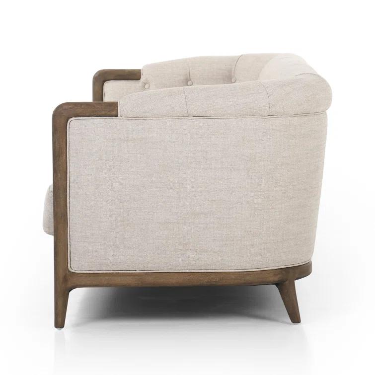 Beige Tufted Linen Sofa with Rolled Arms and Removable Cushions