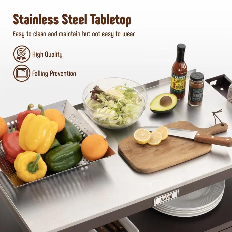 Feasto Feasto Outdoor Grill Cart with Stainless Steel Tabletop and Storage Cabinet, Movable Kitchen Island with Wheels for BBQ Food Prep