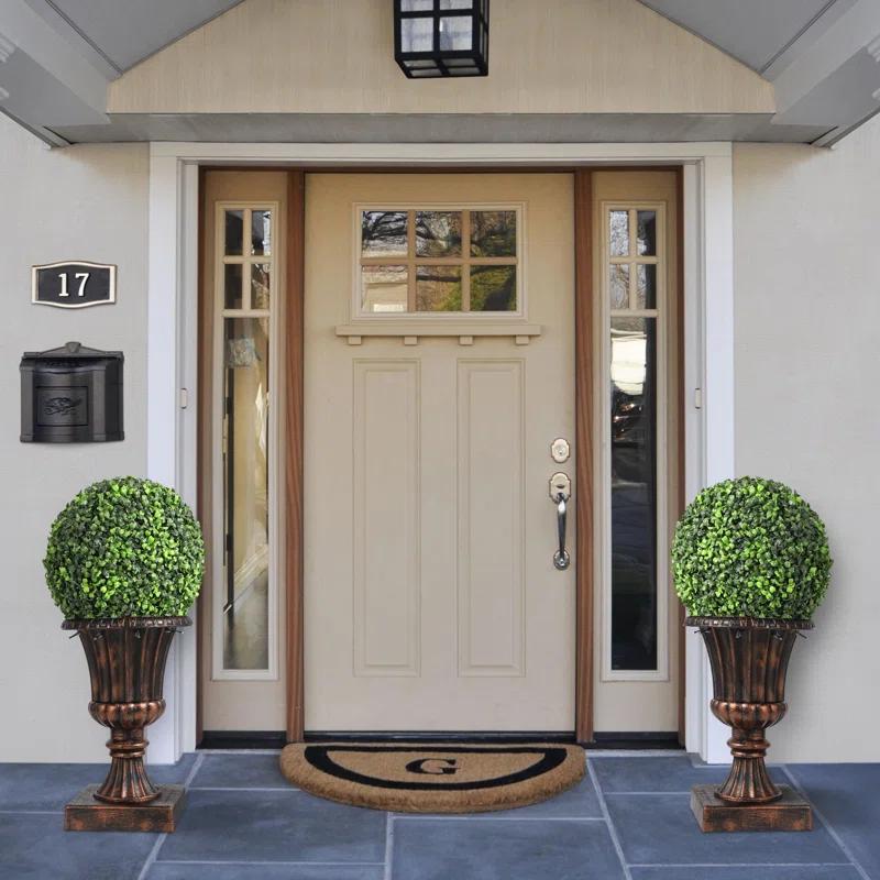 Yuan Home 2Pcs 12” Artificial Plant Topiary Ball With Pot, Faux Boxwood Balls With LED