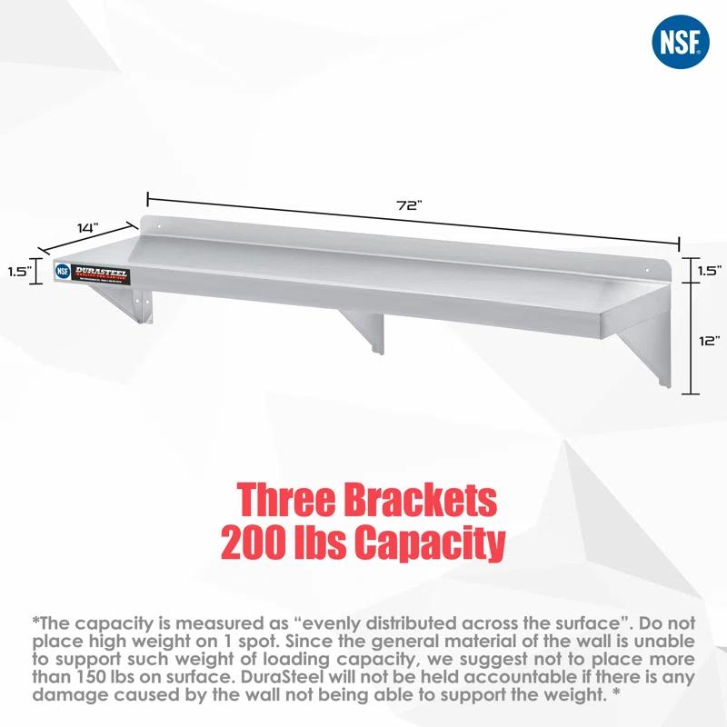 DuraSteel Stainless Steel Wall Shelf - 72" Wide x 14" Deep Commercial Grade - NSF Certified