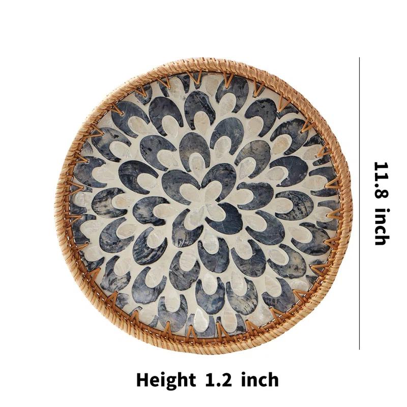 Bayou Breeze Round Rattan Tray With Mother Of Pearl Inlay, Rattan Serving Tray With Wooden Base, Decorative Wicker Basket For Table Decor, Storage And Display Of Coffee Bread Food Fruit
