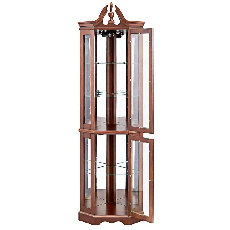 wendeway Walnut Corner Curio Cabinet With Lights,Adjustable Tempered Glass Shelves, Mirrored Back, Display Cabinet,Sideboard,Bookshelf