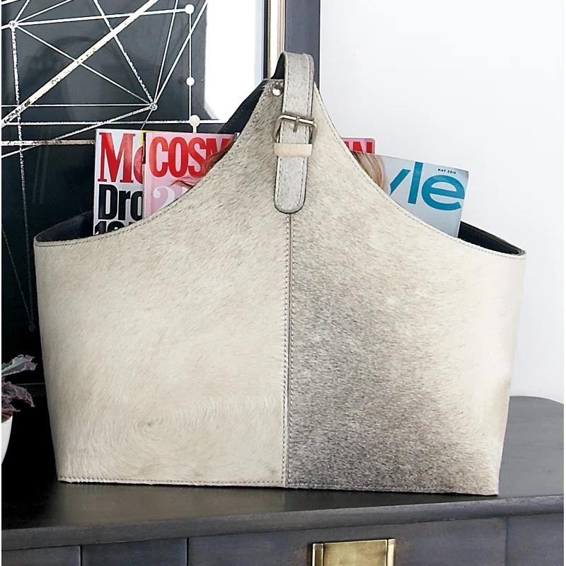 Millwood Pines Sandie Leather Handmade Wood Decorative Magazine Holder with Detail Stitching and Curved Buckle Handles