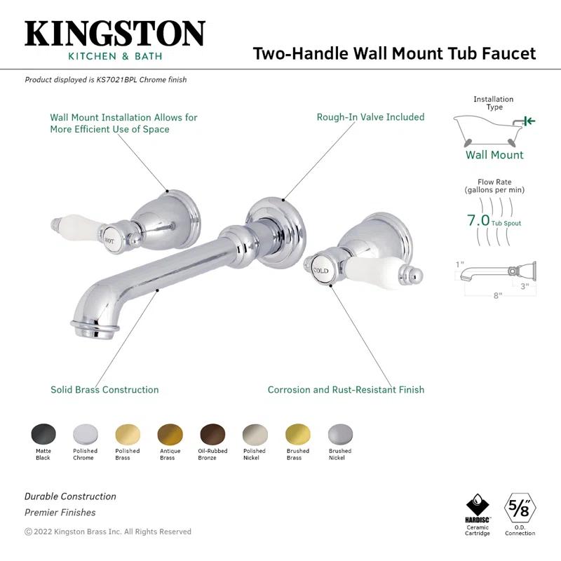 Kingston Brass KS7026BPL Kingston Brass Bel-Air Two-Handle 3-Hole Wall Mount Roman Tub Faucet