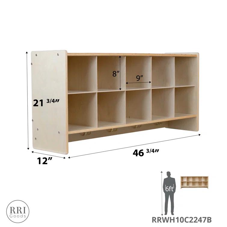 RRI Goods Cubby Storage Organizer with 10 Cubbies & Coat Hooks
