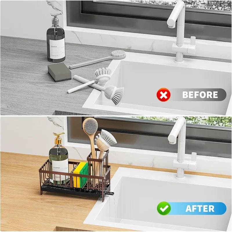 WKING Stainless Steel Kitchen Sink Caddy Organizer With Draining Tray, Rustproof Sponge Holder For Sink, Adjustable Compartments, Space-Saving Design