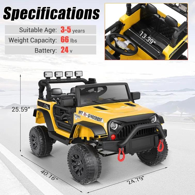Ancheer Alex 24V Electric Ride on Jeeps for Kids, Ride On Car Truck with Remote Control, Battery Power Car Wheels for Kids w/LED Lights, Bluetooth, Music, 3 Speeds, 24 Volt Ride on Toys for Boys and Girls