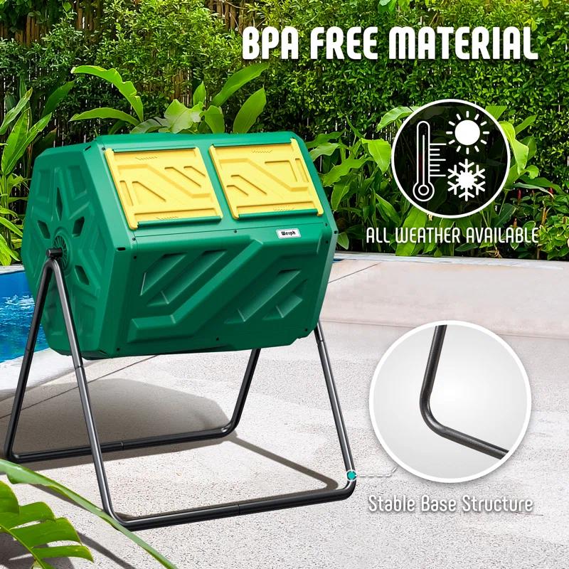 werph Werph 43 Gallon Dual Chamber Compost Tumbler Bin - Outdoor Rolling Composter with 2 Sliding Doors