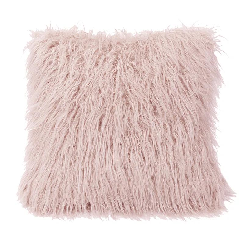 Blush Faux Mongolian Fur Square Throw Pillow