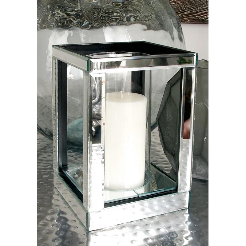 House of Hampton® Glass Pillar Silver Hurricane Lamp with Mirrored Accents