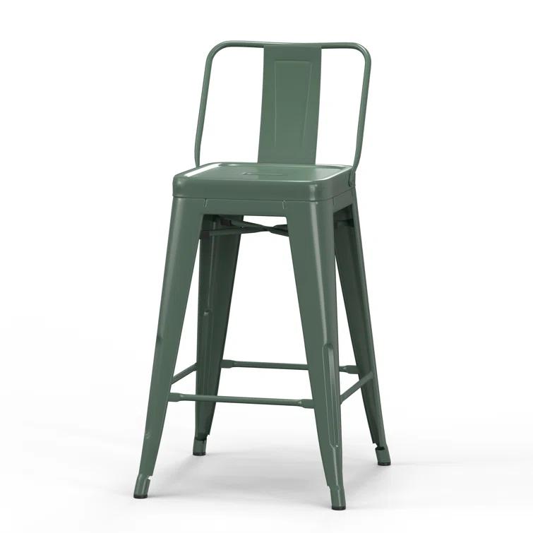 Simpli Home Rayne Metal Industrial Stool with Curved Back, Cross-Brace, and Footrest