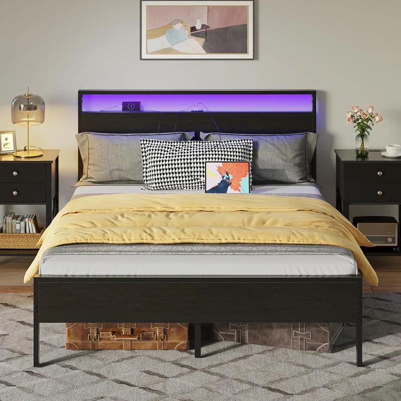 Ivy Bronx Deviana Metal Bed Frame with Headboard & Footboard and Charging Station, LED Light Included