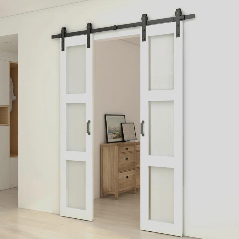 Calhome 3-Lite Tempered Frosted Glass White Finished Composite Double Sliding Barn Door with Hardware Kit Handle