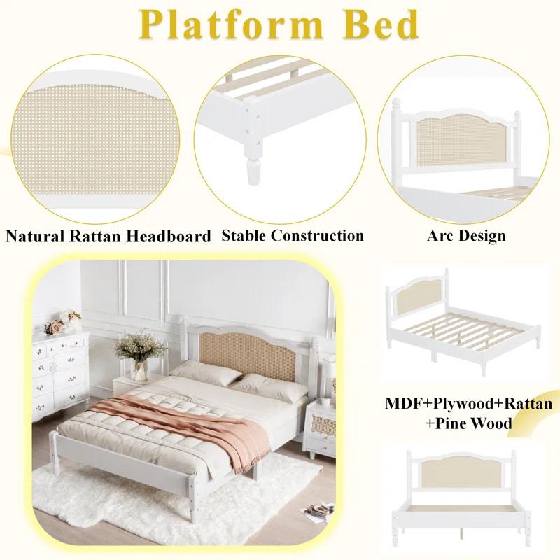 Velvetvanguards Bohemian Wooden Platform Bed With Natural Rattan Headboard And Arc Design