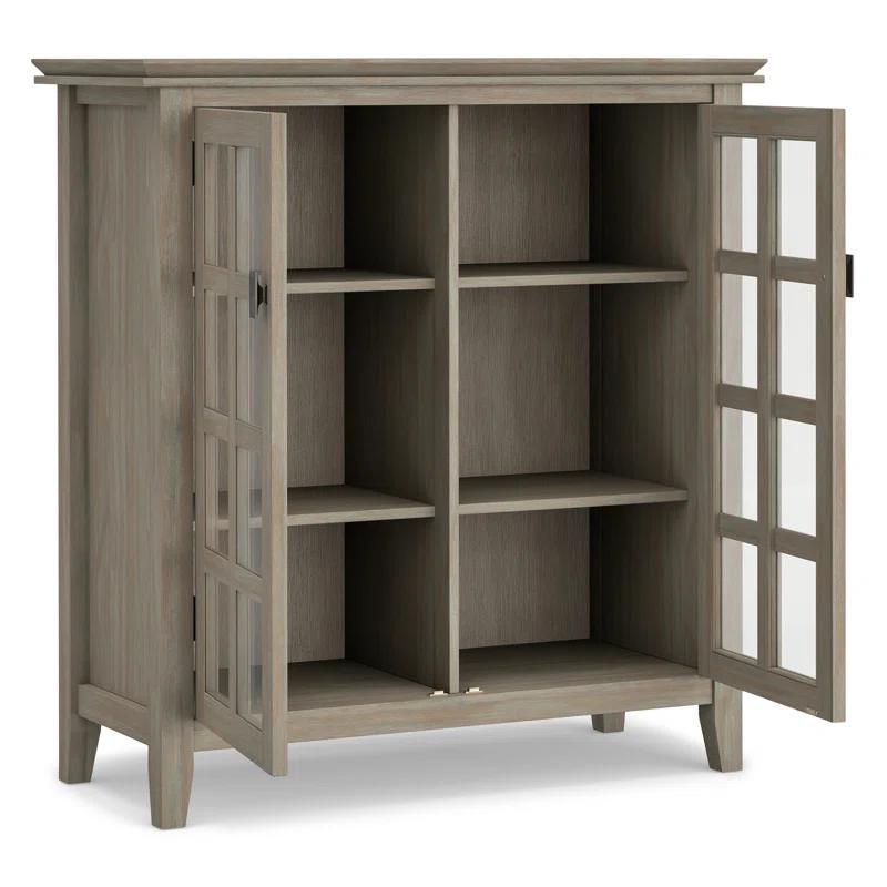 Simpli Home Artisan 38"W Solid Wood 4-Shelf Medium Storage Cabinet with Glass Doors and Adjustable Shelves