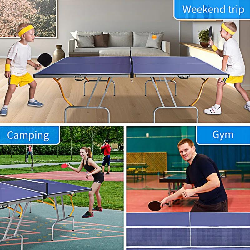 HLILish 8Ft Mid-Size Table Tennis Table Foldable & Portable Ping Pong Table Set For Indoor Games With Net, 2 Table Tennis Paddles And 3 Balls