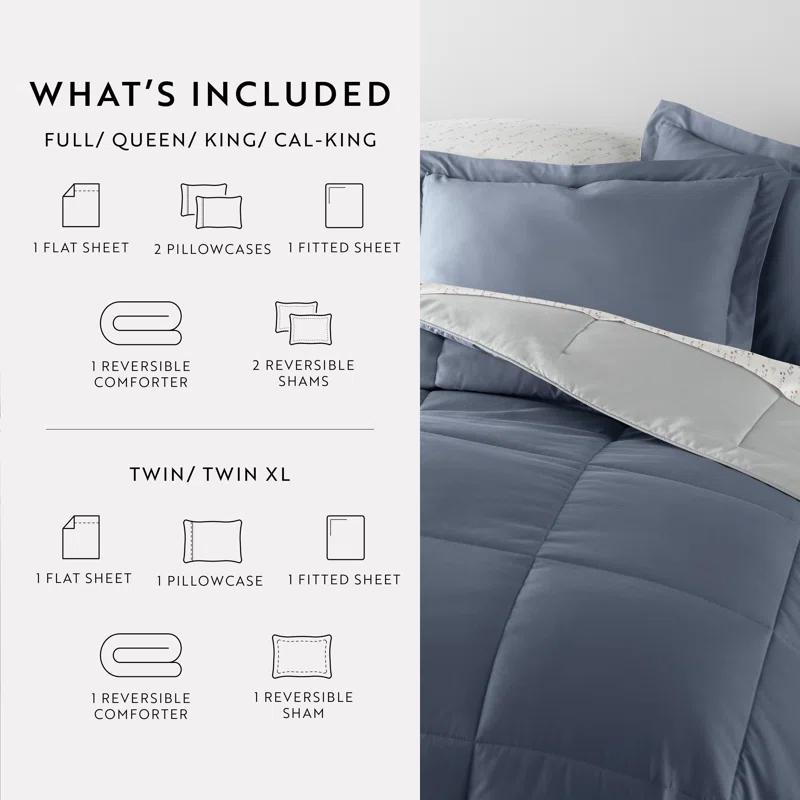 IEnjoy Home 7-Piece Reversible Bedding Bundle - Solid Comforter and Patterned Sheet Set