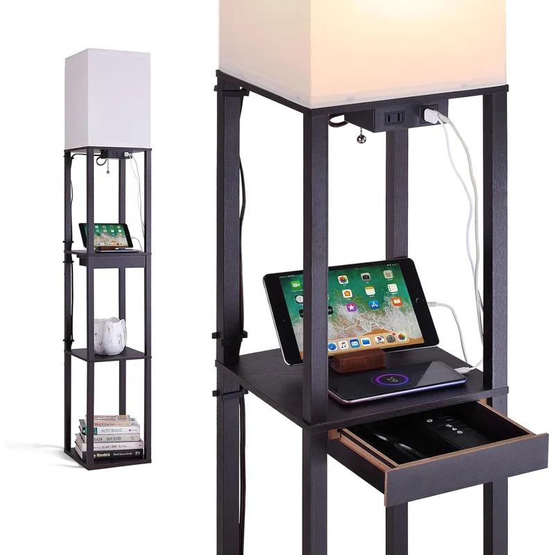 Latitude Run® Modern Corner Floor Lamp With 4-Tier Shelves, USB Charging Ports, Power Outlet & Drawer, Adjustable LED Light, Black Wooden Standing Lamp For Living Room, Bedroom, Office