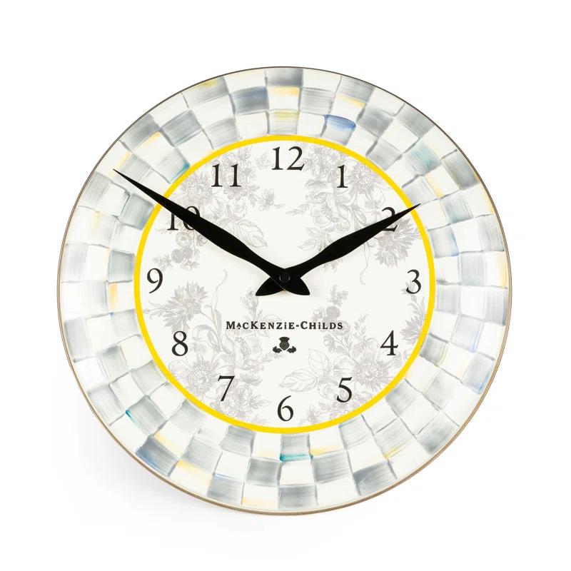 Gray and White Enamel Round Wall Clock with Hand-Painted Checks