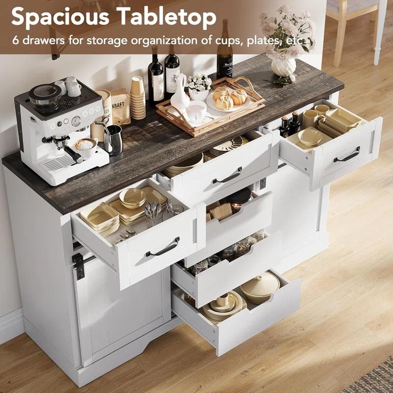 August Grove® Farmhouse 6 Drawers Dresser For Bedroom With Sliding Barn Doors, Wood Dresser & Chest Of Drawers, Rustic Dresser Tv Stand, Dresser Organizer For Bedroom, Living Room, White