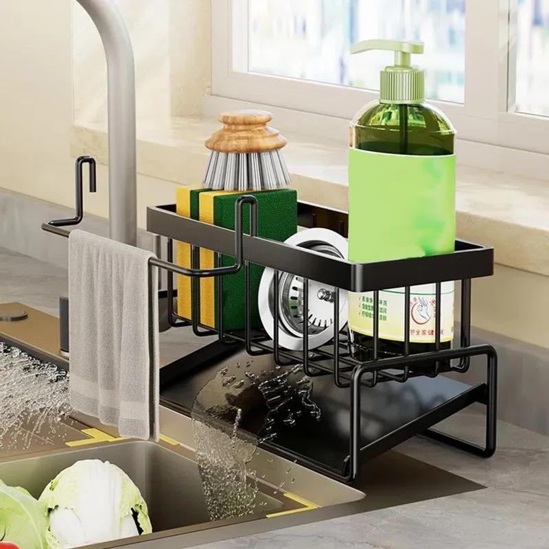 WKING Stainless Steel Kitchen Sink Caddy Organizer With Draining Tray, Rustproof Sponge Holder For Sink, Adjustable Compartments, Space-Saving Design