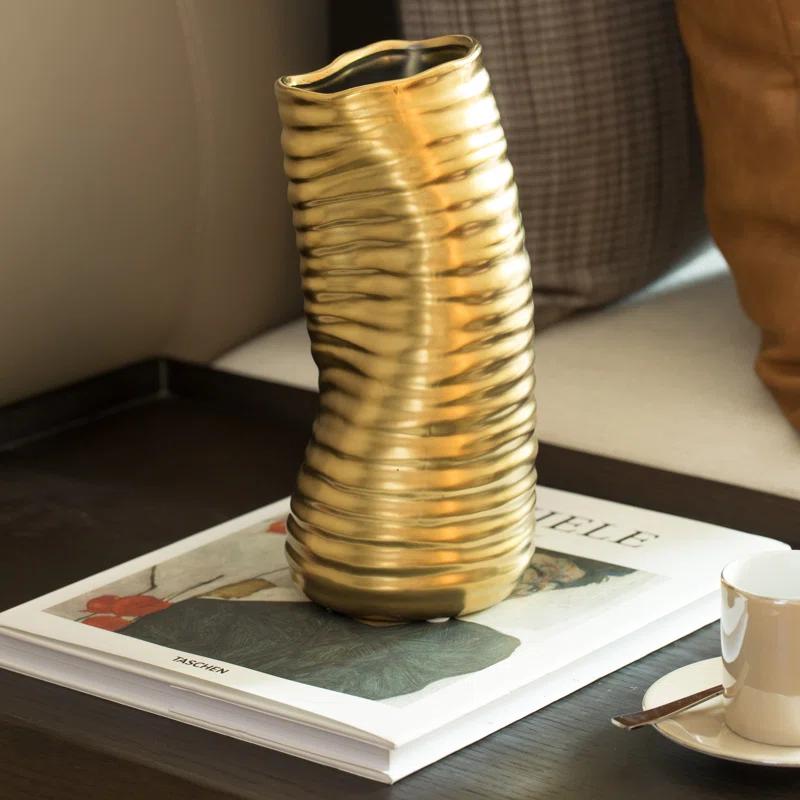 Mercer41 Baftjar 9-Inch Tall Ceramic Bent Melted Modern Style Sculpture Table Centerpiece Flower Vase, a Unique and Decorative Vase in an Elegant Gold Finish, Perfect for Adding Sophistication to Home or Office Décor