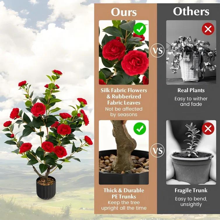 Primrue 38 In. Faux Camellia Tree In Pot Decorative Plant Indoor/Outdoor