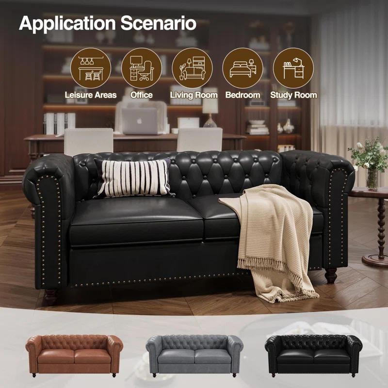 Alcott Hill® 72 Inch Couch Chesterfield Leather Sofa With Wooden Legs
