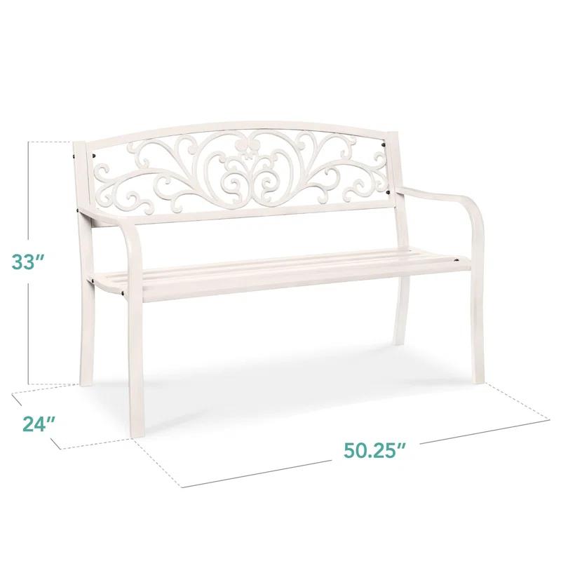 Alcott Hill® Outdoor Steel Bench Garden Patio Porch Furniture W/ Floral Design Backrest