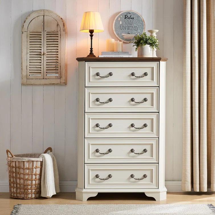 Laurel Foundry Modern Farmhouse® Theron Farmhouse 5 Drawer Bedroom Dresser, Wood Tall Chest of Drawers, Closet Storage for Bedroom
