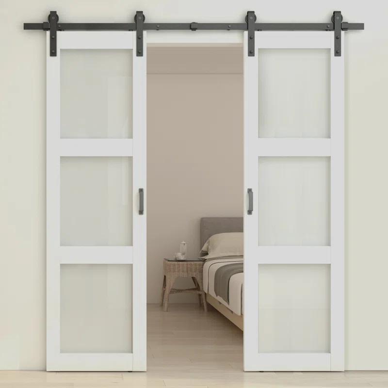 Calhome 3-Lite Tempered Frosted Glass White Finished Composite Double Sliding Barn Door with Hardware Kit Handle