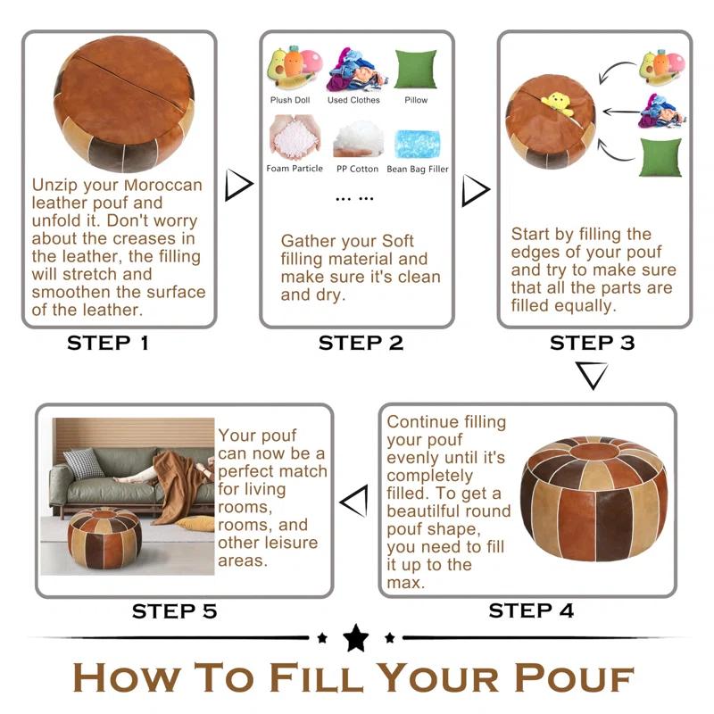 Unstuffed Handmade Moroccan Round Pouf Foot Stool Ottoman Seat Faux Leather Large Storage Bean Bag Floor Chair Foot Rest For Living Room, Bedroom Or Wedding Gifts