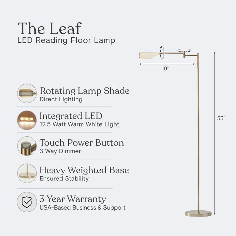 Brightech Leaf 53 in. Industrial Vintage Reading Floor Lamp with Metal Shade and 3-Way Dimming Options - Integrated LED Light