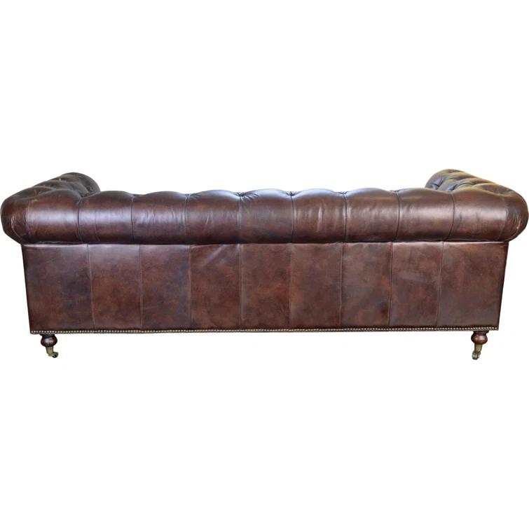 Idalia 87" Genuine Leather Rolled Arm Chesterfield Sofa with Reversible Cushions