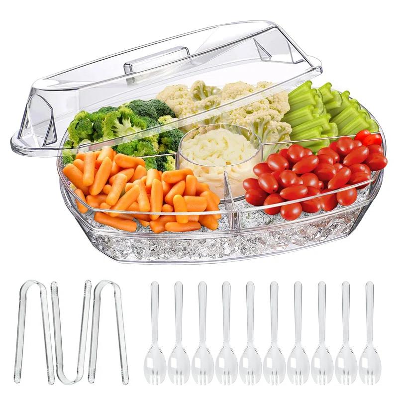 Prep & Savour Chilled Veggie Tray, 15 Inch Clear Party Platter with 4 Compartments