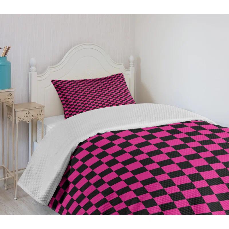 Ambesonne Ambesonne Hot Pink Bedspread Set Gingham Checks Vibrant Magenta Black