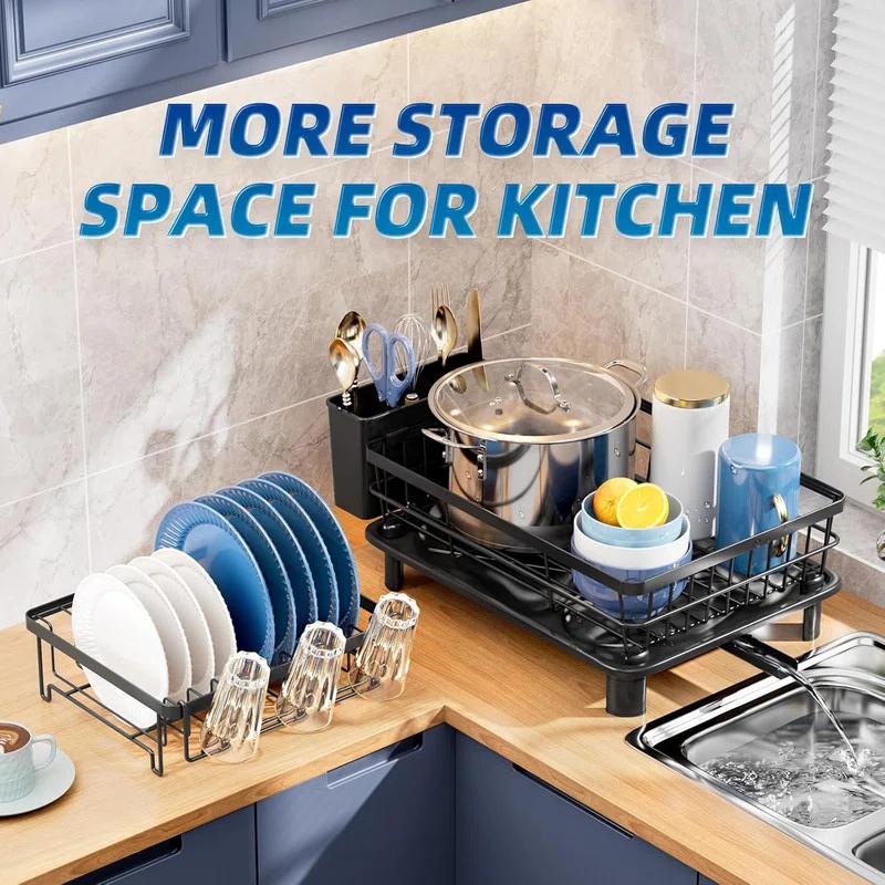 Fabhob 2 Tiers Dish Drying Rack, Space-Saving Dish Racks for Kitchen Counter, Dish Drainer Drying Rack with Drainboard