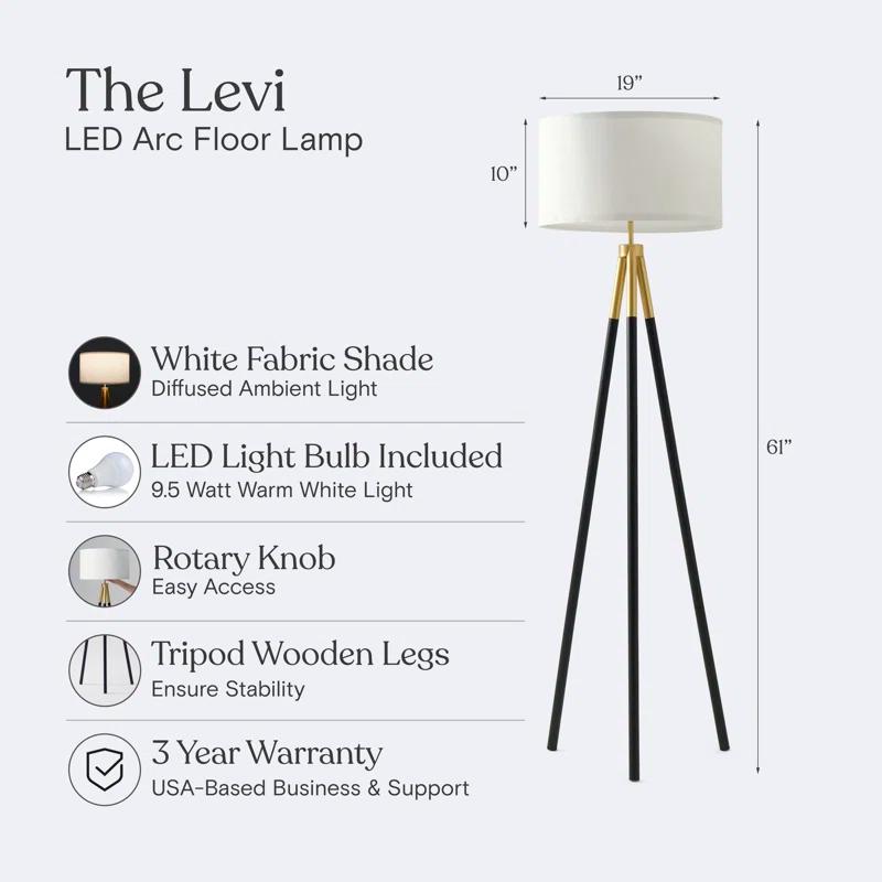 Brightech Levi 61 in. Mid Century Modern Tripod Floor Lamp with Fabric Drum Shade and Gold Finish - LED Bulb Included