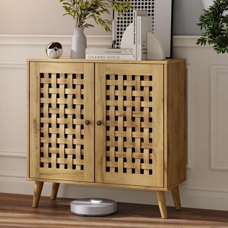 Vintage Storage Cabinet With 2 Basket Weave Wooden Doors