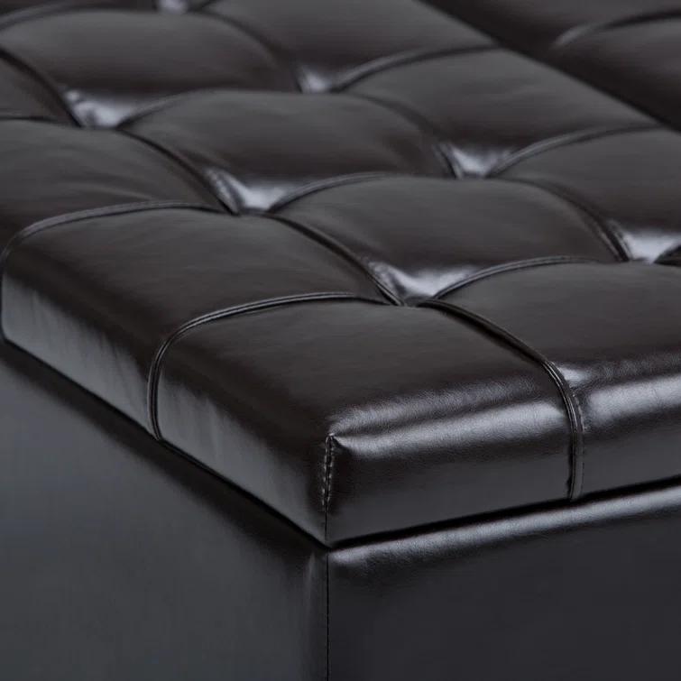 Simpli Home Harrison 36"W Upholstered Square Coffee Table Storage Ottoman with Split Lift Top