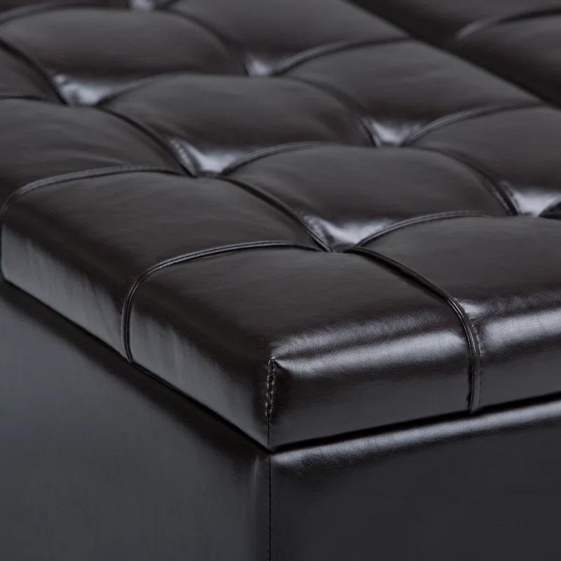 Simpli Home Harrison 36"W Upholstered Square Coffee Table Storage Ottoman with Split Lift Top