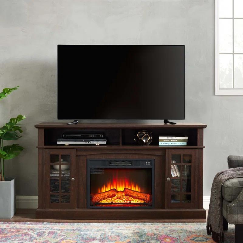 August Grove® Classic TV Media Stand Modern Entertainment Console with 23" Fireplace Insert for TV Up to 65" with Open and Closed Storage Space, 58.25"W 15.75"D 32"H